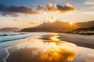 de Sol uppsättningar över en strand och berg. ai-genererad foto