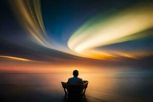 en man Sammanträde i en stol på de strand med en färgrik himmel. ai-genererad foto
