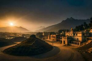 de Sol stiger över en stad i Indien. ai-genererad foto