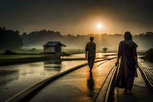 två människor gående längs en väg i de regn på solnedgång. ai-genererad foto