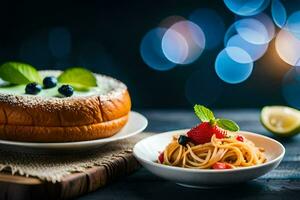 pasta med blåbär och mynta löv på en tallrik. ai-genererad foto