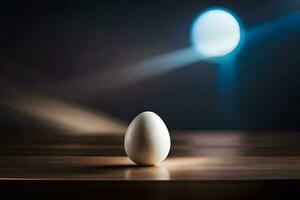 ett ägg på en tabell i främre av en strålkastare. ai-genererad foto