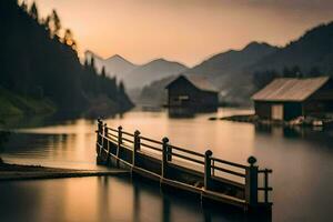 en trä- docka i de mitten av en sjö på solnedgång. ai-genererad foto