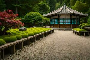 en japansk trädgård med en pagod och grön växter. ai-genererad foto