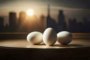 tre ägg på en tabell med en stad i de bakgrund. ai-genererad foto