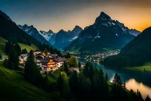 de by av alpbach är belägen i de swiss alperna. ai-genererad foto