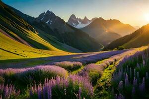 de Sol stiger över de bergen och lavendel- fält. ai-genererad foto