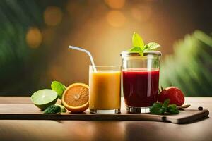 två glasögon av juice och frukt på en trä- tabell. ai-genererad foto