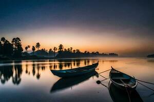 två båtar sitta på de vatten på solnedgång. ai-genererad foto