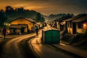 en by gata på solnedgång med en små hus och en vagn. ai-genererad foto