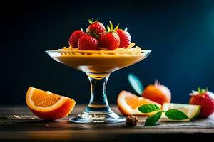 en efterrätt med jordgubbar och apelsiner på en trä- tabell. ai-genererad foto