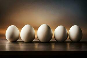 fem vit ägg i en rad på en trä- tabell. ai-genererad foto
