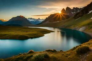 de Sol stiger över en sjö i de berg. ai-genererad foto