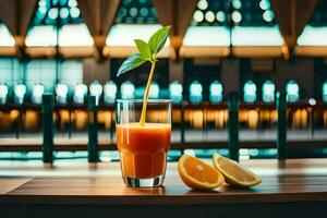 en glas av orange juice med en blad på topp. ai-genererad foto