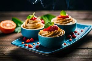 tre desserter på en blå tallrik med rök. ai-genererad foto