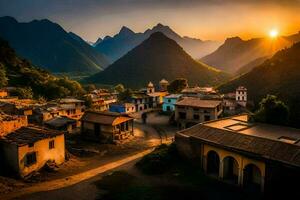 de Sol uppsättningar över en by i de berg. ai-genererad foto