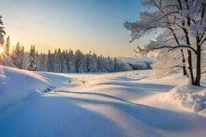 en snöig landskap med träd och de Sol. ai-genererad foto