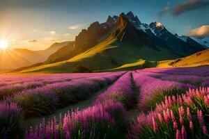 de Sol stiger över en lavendel- fält i de berg. ai-genererad foto