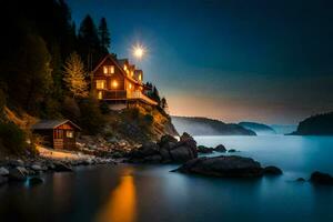 en hus på de Strand av en sjö på natt. ai-genererad foto