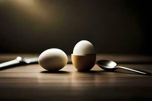två ägg sitta på en tabell med en kniv och sked. ai-genererad foto