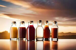 fem flaskor av juice på en tabell med en solnedgång i de bakgrund. ai-genererad foto