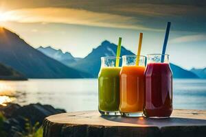 tre glasögon av juice sitta på en tabell i främre av en sjö. ai-genererad foto