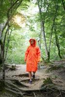 glad kvinna i orange regnrock som går i skogen foto