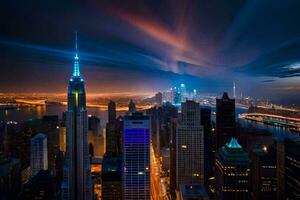 de stad horisont på natt med lampor lysande. ai-genererad foto