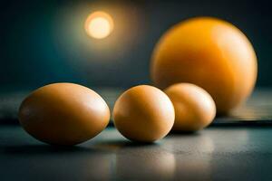 fyra ägg på en tabell med en ljus i de bakgrund. ai-genererad foto