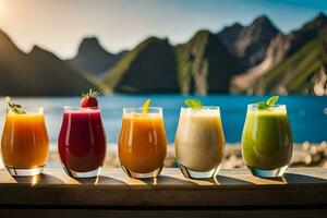 fem annorlunda juicer i glasögon på en tabell med bergen i de bakgrund. ai-genererad foto