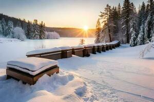 en bänk sitter på de snö täckt Bank av en sjö. ai-genererad foto