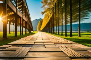 en lång trä- gångväg med en Sol miljö Bakom Det. ai-genererad foto