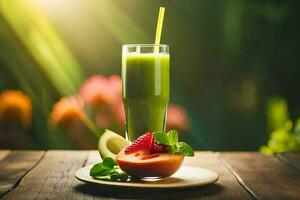 en glas av grön smoothie med en skiva av persika och en sugrör. ai-genererad foto