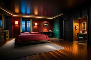 en sovrum med röd säng och trä- golv. ai-genererad foto