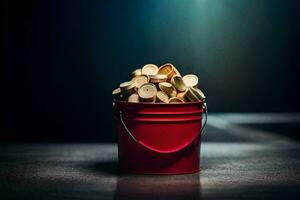 en hink fylld med trä pommes frites på en tabell. ai-genererad foto