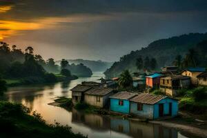en flod och några hus i de mitten av en by. ai-genererad foto