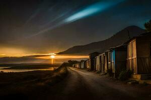 en solnedgång över en väg med hus och en berg i de bakgrund. ai-genererad foto