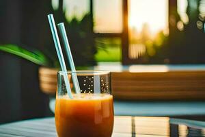 en glas av orange juice med strån på en tabell. ai-genererad foto