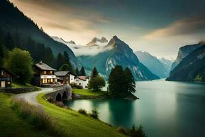 en hus sitter på de kant av en sjö omgiven förbi berg. ai-genererad foto