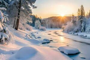 Foto tapet de himmel, snö, träd, flod, Sol, flod, vinter, träd,. ai-genererad