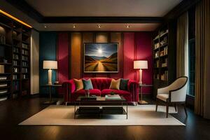 en levande rum med en röd soffa och bokhyllor. ai-genererad foto