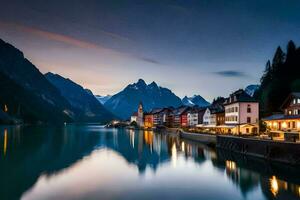 de stad av hallstatt på skymning. ai-genererad foto