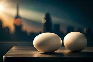 två ägg på en tabell i främre av en stadsbild. ai-genererad foto