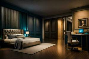 en sovrum med en blå vägg och trä golv. ai-genererad foto