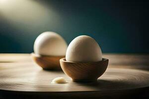 två ägg sitta i trä- skålar på en tabell. ai-genererad foto