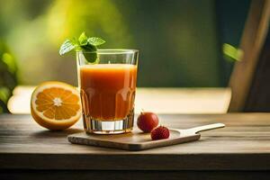 en glas av juice med ett orange och en jordgubbe. ai-genererad foto