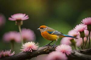 en fågel uppflugen på en gren med rosa blommor. ai-genererad foto