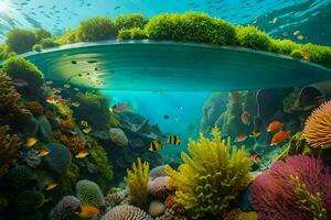 ett under vattnet scen med korall rev och fisk. ai-genererad foto