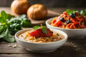 två skålar av pasta med grönsaker och örter. ai-genererad foto