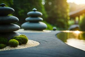 en zen trädgård med stenar och växter. ai-genererad foto